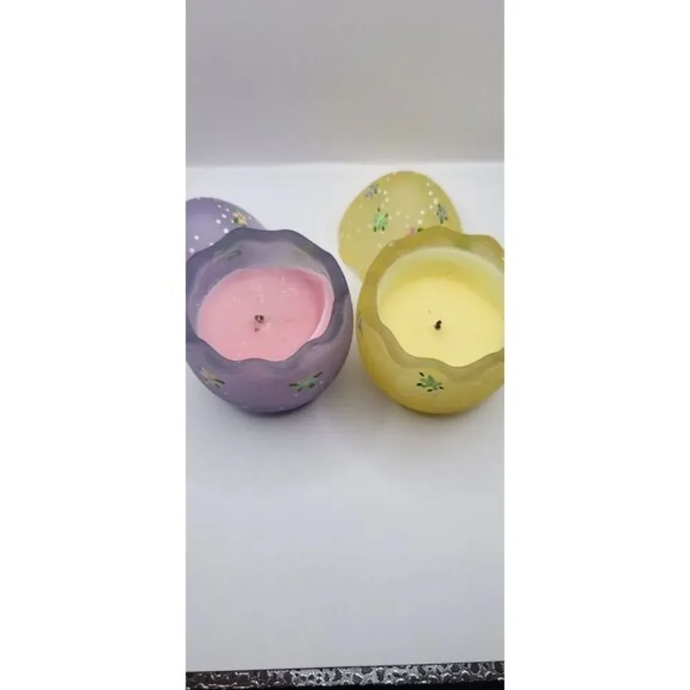 VTG‎ Glass Easter Egg Candle Holder Votive HAND PAINTED Yellow And Purple.